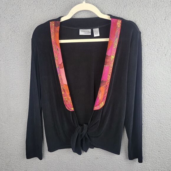 Chicos Travelers Black Tie Front Cardigan Size 0 Pink Silk Trim Stretch Knit - Picture 6 of 10